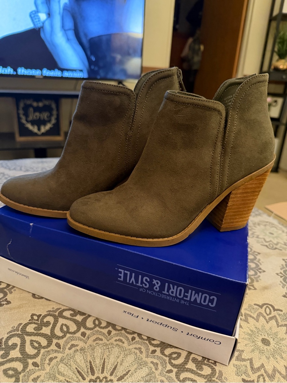 Joie Olive Suede Ankle Booties with Stacked Block Heel